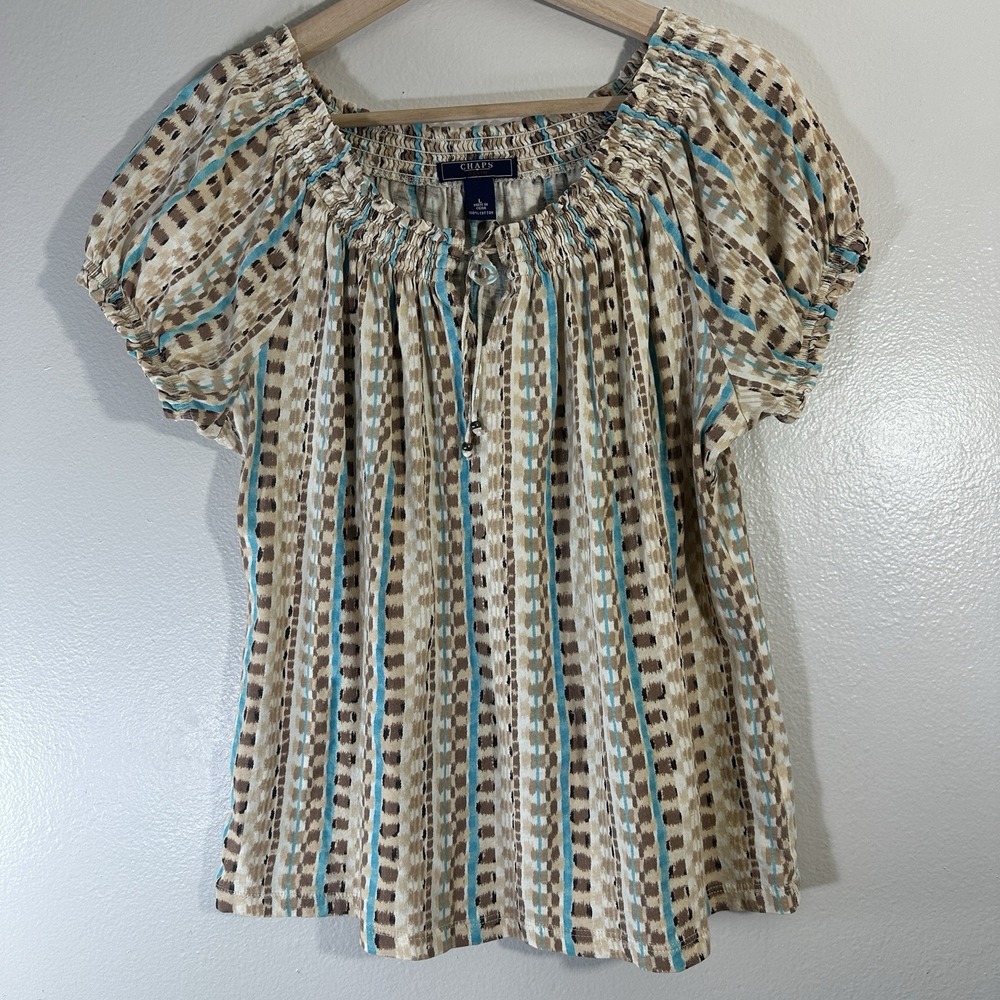 Chaps Womens L Tan & Blue Striped 100% Cotton Keyhole Short Sleeve‎ Shirt